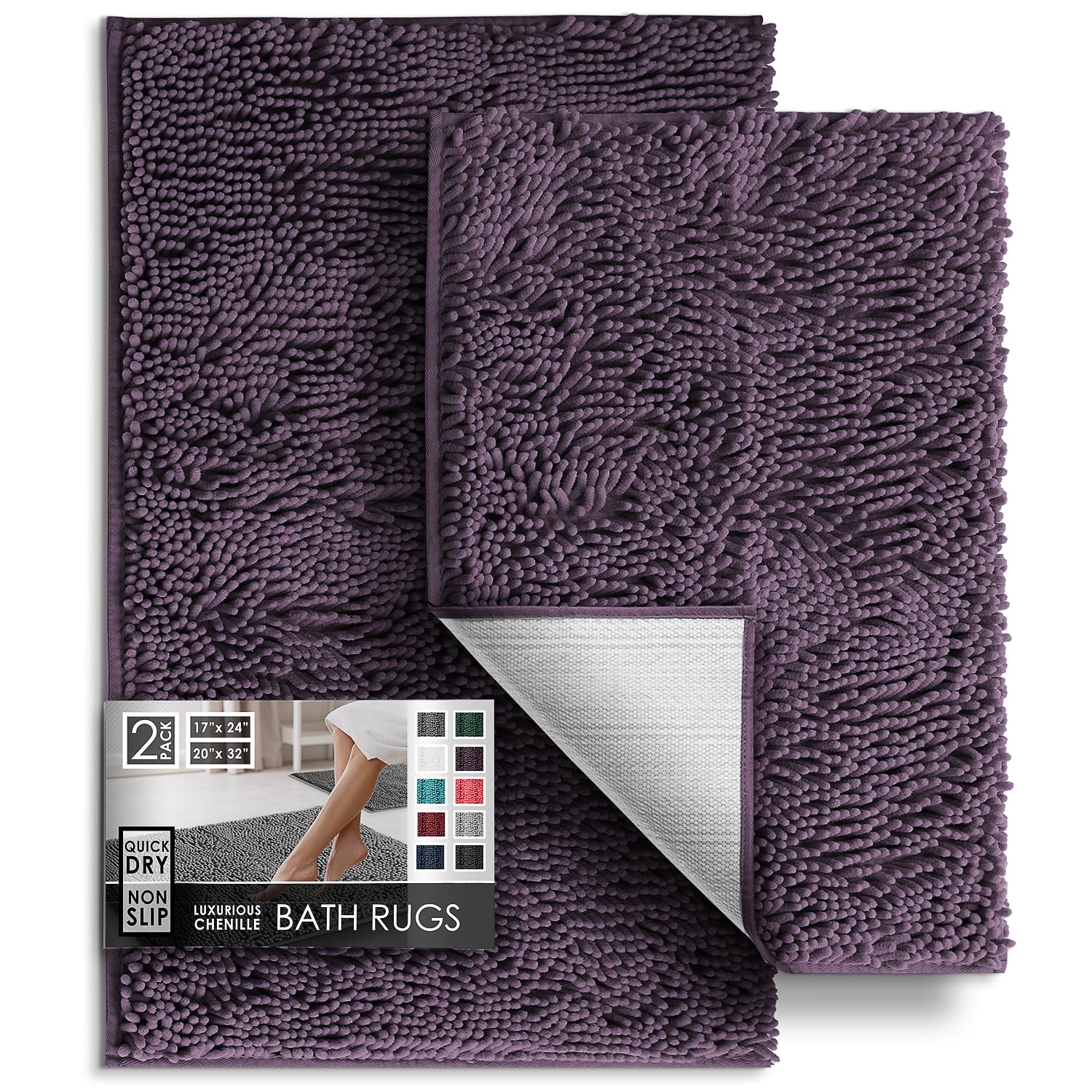 Photo 1 of Hearth & Harbor Bathroom Rugs Sets 2 Piece, Chenille Bath Mat Set - Machine Washable Bath Mats for Bathroom Non-Slip Backing Rubber Quick Dry Bathroom Mat - Purple Bath Rug, 17x24-20x32