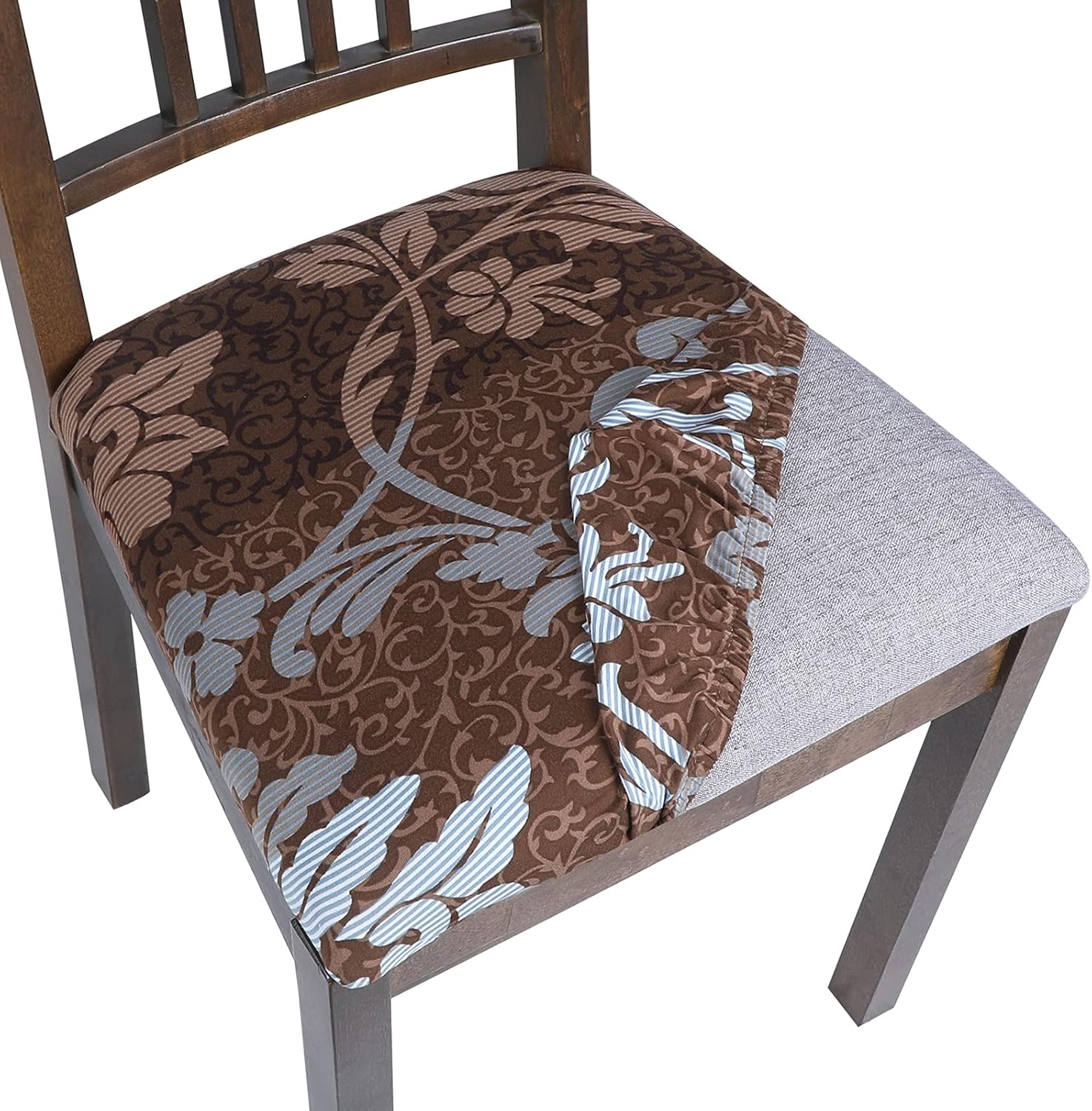 Slipcovers - SearchI Seat Covers for Dining Room Chairs Stretch Printed Chair Seat Covers Set of 4, Removable Washable Upholstered Chair Seat Protector Cushion Slipcovers for Kitchen, Office(Brown+Flower)