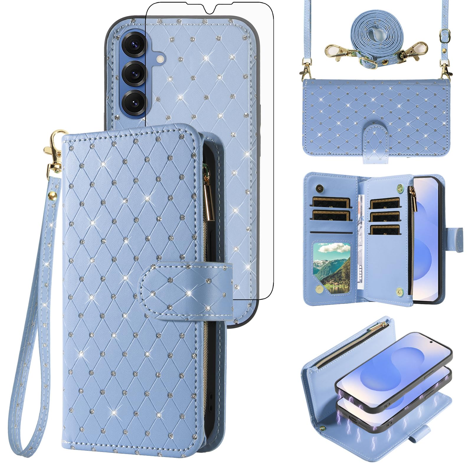 Compatible with Samsung Galaxy S25 Plus S25+ 5G Wallet Case Zipper Cell and Screen Protector Crossbody Lanyard Strap Bling Glitter Flip Phone Cover for S25Plus 25S + S 25 25+ SM-S936U Women Light Blue
