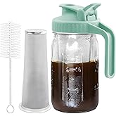 Cold Brew Coffee Maker Pitcher, 32 oz Thick Glass Mason Jar Spout Lid with Handle & Stainless Steel Filter for Iced Brew Coff