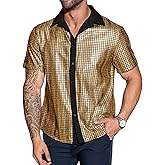 Runcati Mens Disco Shirt 70s Shirts Short Sleeve Button Down Vintage Sequin Metallic Disco Outfits Party Costume Top
