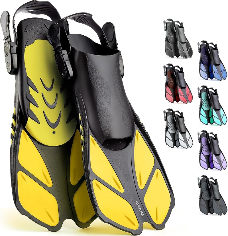 CAPAS Snorkel Fins Travel Size Short Adjustable Open Heel Yellow L/XL
