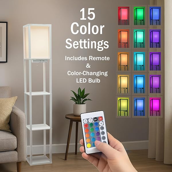 SIMPLE DESIGNS LF1037-WHT-CCLB 62.5″ THREE SHELF ETAGERE ORGANIZER STORAGE FLOOR LAMP WITH 2 DUAL USB PORTS AND CHARGING OUTLET, WHITE, WITH COLOR CHANGING LED BULB INCLUDED