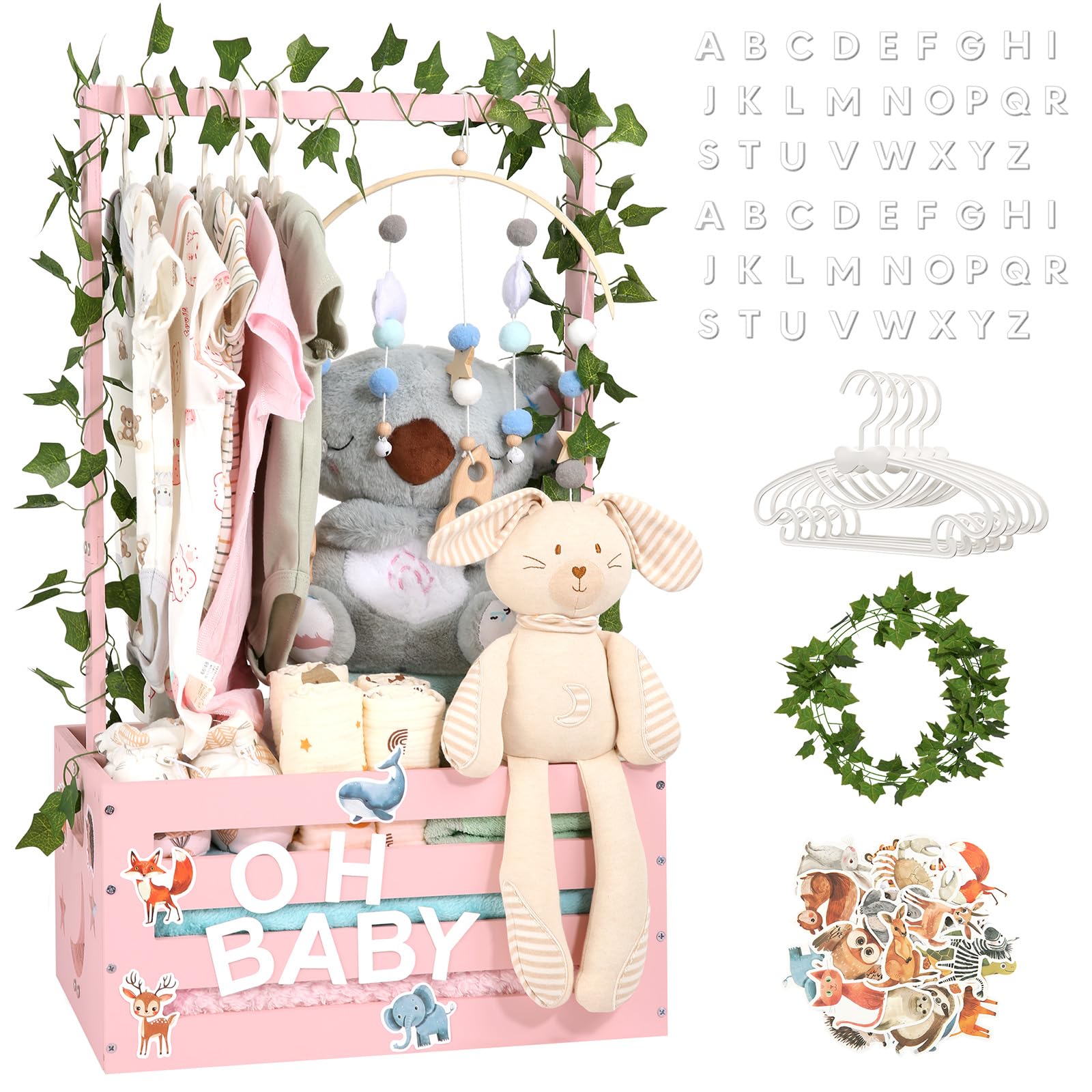 Photo 1 of Large Baby Shower Gifts Basket Wooden Crate, Personalized Wooden Letters Hangers New Born Baby Girl Boy Pregnancy Gifts for New Mom Parents Vine Decorations Cute Closet with Adjustable Handle Pink