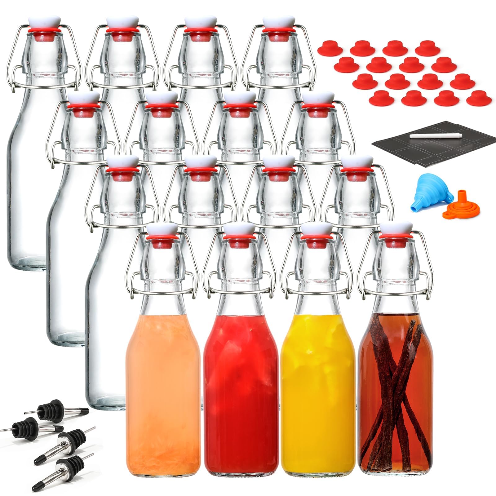 Photo 1 of 16 Pack 8.5oz Flip Top Glass Bottles, Swing Top Beer Brewing Bottle for 2nd Fermentation, Kombucha, Kefir, Vanilla Extract, Coquito, Juice, Tea - Airtight Stopper Cap Lid, Bonus 4 Bottle Pourers