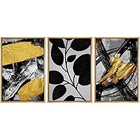 SIGNWIN Framed Canvas Wall Art Black and Gold Motion with Black and White Leaves Set Abstract Oil Painting Modern Expressive for Living Room, Bedroom, Office - 16