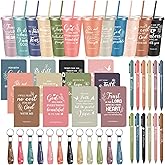 Hollowfly 12 Set / 48 Pcs Christian Church Gifts Plastic Cups with Bible Verse Pens Keychains Notebooks for Women Men Volunteer Christian Party Gifts (Morandi Color)