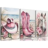3Pcs Coastal Western Cowgirl Canvas Wall art Pink Flower Boots Hat Horse Aesthetic Painting Pictures Wall Decor Southern Girl Trendy Preppy Posters Print Artwork for Girls Room Bedroom Dorm
