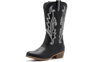 VODVOB Kids Western Boots Embroidered Cowgirl Cowboy Boots Boys Girls Mid Calf Round Toe Riding Shoes Little Kid/Big Kid