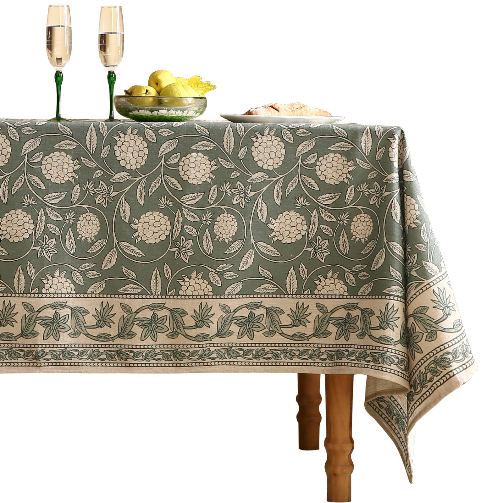 Photo 1 of ISAENNE Grayish Green Tablecloth for Rectangular Tables,Linen Table Cloth with Light White Flowers Pattern,Durable Table Cover for Dining Thanksgiving Kitchen Party Banquet Christmas,55"*79"