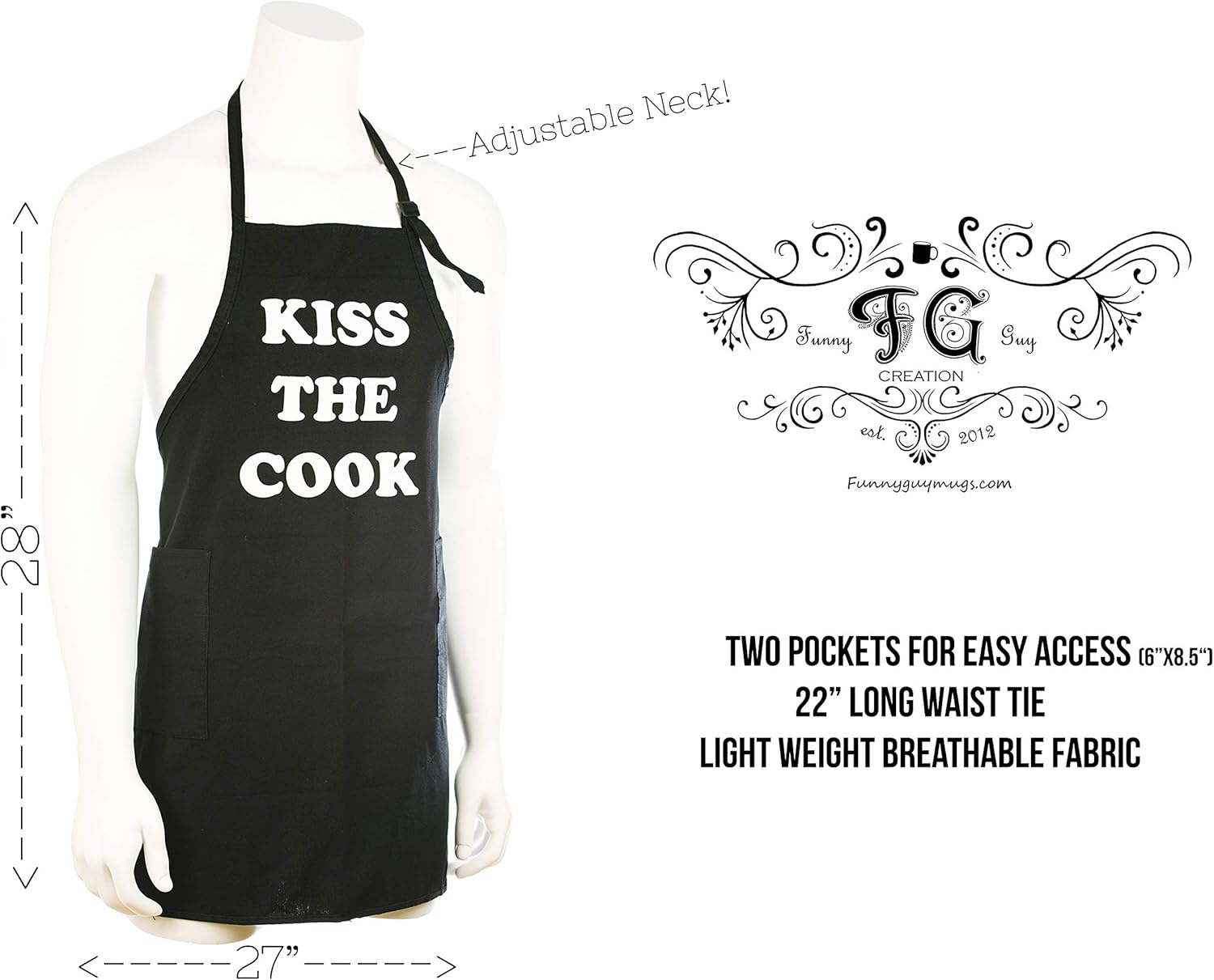 Funny Guy Mugs Kiss The Cook Adjustable Apron with Pockets - Funny Apron For Men & Women - Perfect for Kitchen BBQ Grilling Barbecue Cooking Baking: Kitchen & Dining