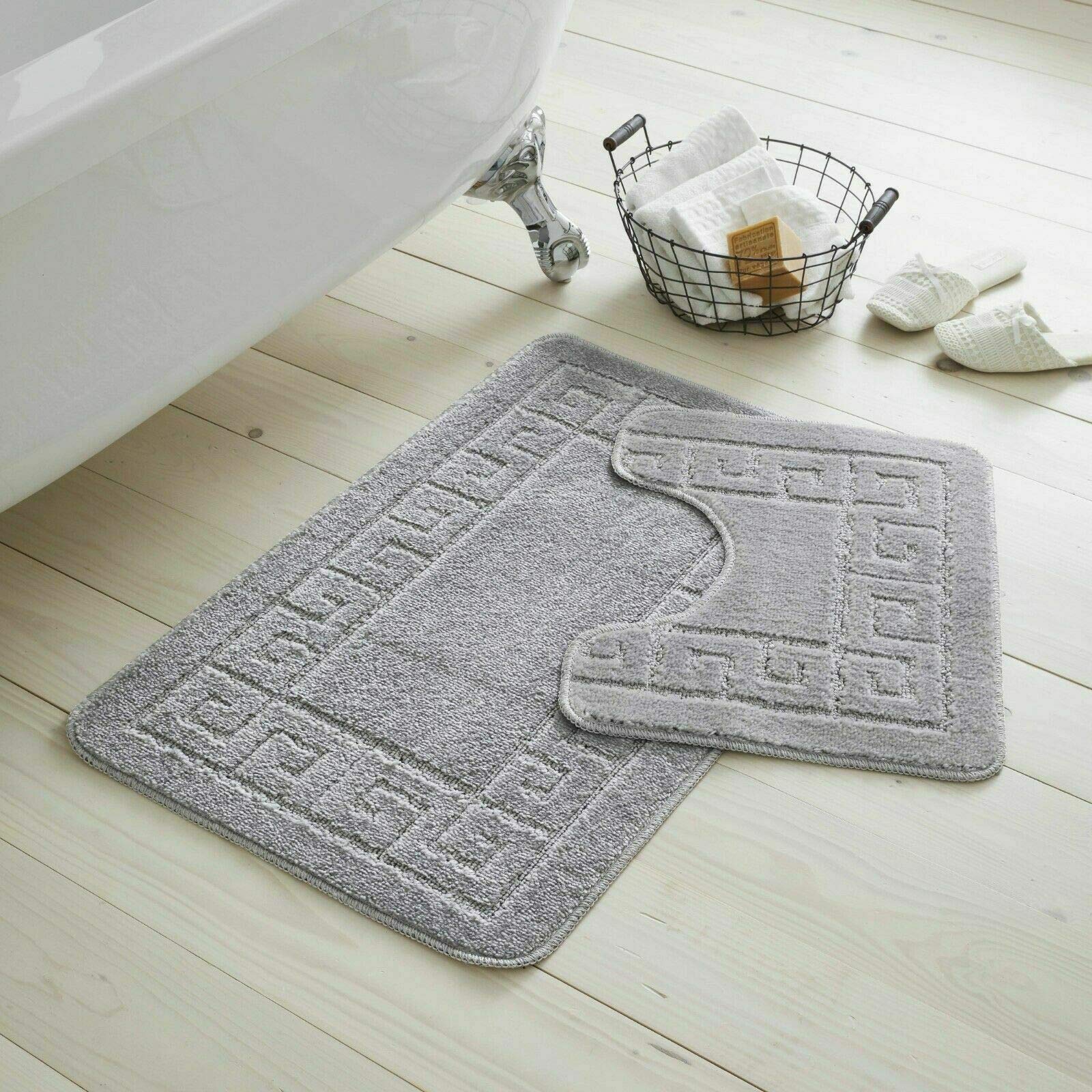 QM-Bedding® Luxury Bath Mat Set 2 Piece Non Slip Rubber Pedestal Mat Toilet Greek Bathroom Rugs (Silver) — image 1