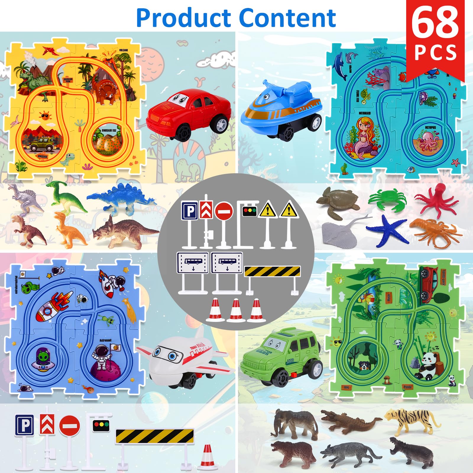 VESPRO 4 Series Toddler Car Track Set, 68PCS Kids Car Track Play Set, Educational Puzzle Toys for Kids Ages 3+ Boys and Girls