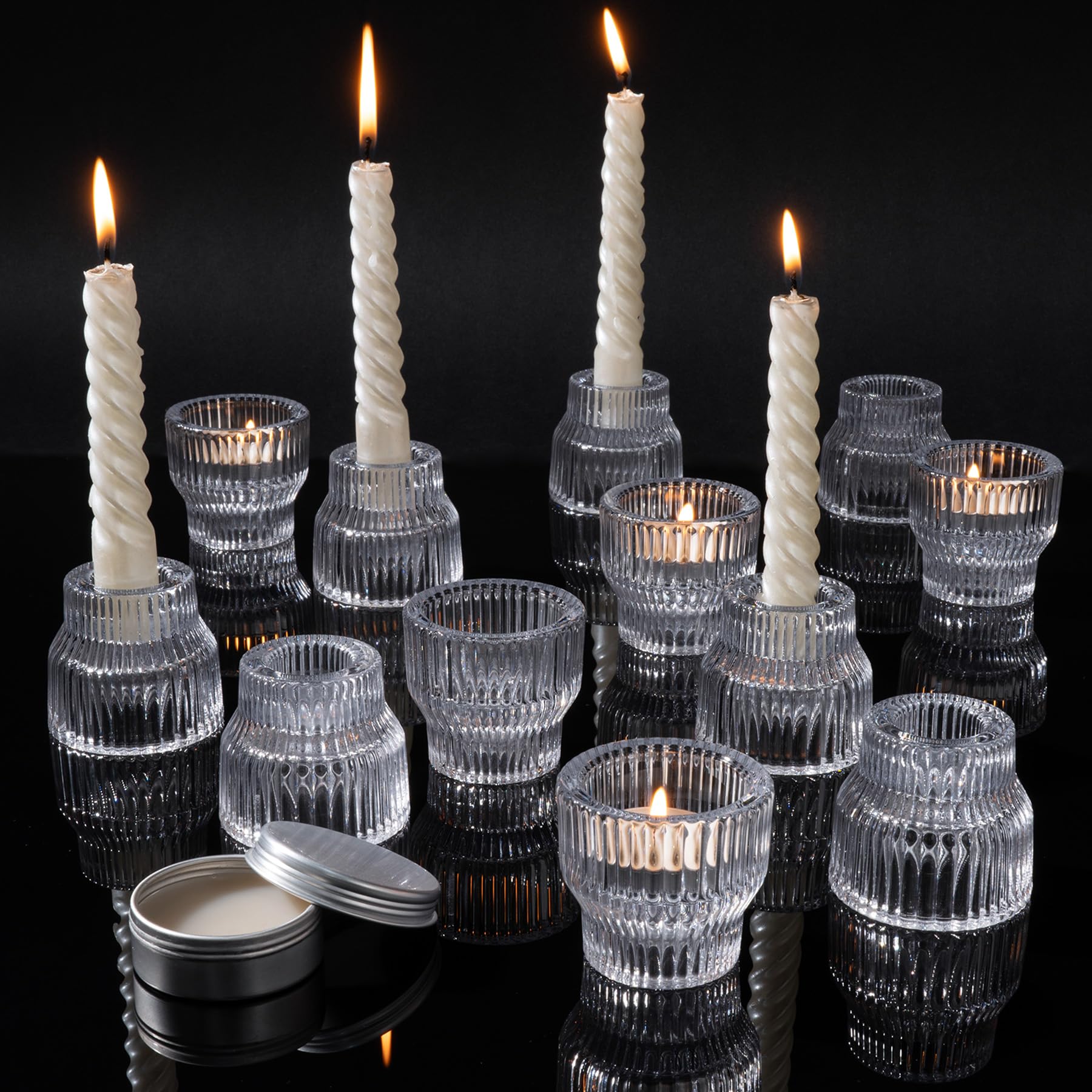 Photo 1 of ***Only 8***
Romcanmy Glass Candlestick Holders Set of 12, Clear Ribbed Taper Candle Holders with Adhesive Wax, Reversible Crystal Tealight Candle Holder Set for Wedding Table Centerpieces Party Home Decor