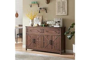 Barnyatoh Farmhouse Buffet Cabinet, 55" Sideboard Buffet Cabinet with Storage, Rustic Storage Cabinet with 4 Barn Doors & 2 Drawers, Wood Coffee Bar Table for Dinning Room, Kitchen, Living Room,Walnut
