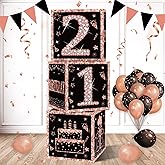 Eiurteao 3pcs 21st Birthday Decorations Boxes for Girls, Rose Gold Happy 21 Birthday Balloons Boxes Party Supplies, Twenty-one Bday Theme Cardboard Box Decor
