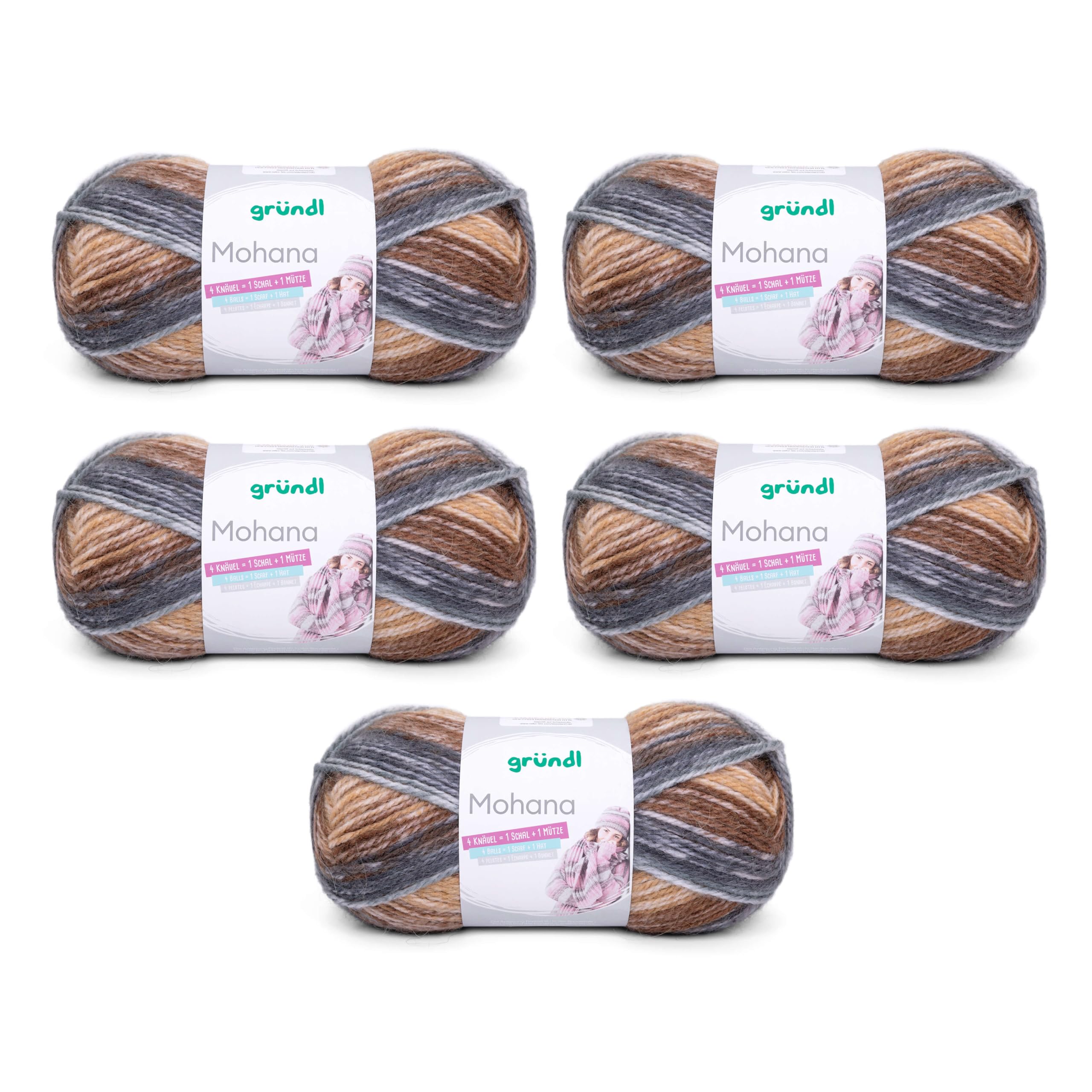 Gründl Mohanna Knitting and Crochet Yarn 90% Polyacrylic 10% Mohair 5 x 100 g Thick Wool Grey Camel Brown