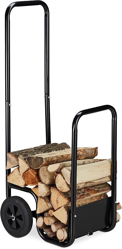 Relaxdays Steel Firewood Cart 2 Wheels Log Transport Storage Indoor Outdoor