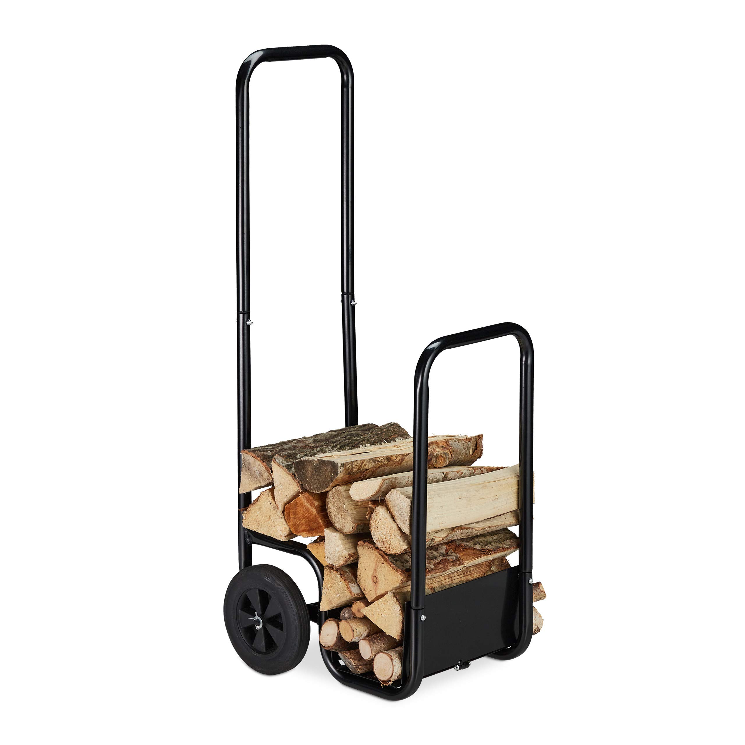 Relaxdays Firewood Cart made of Steel, with 2 Wheels, Log Transport & Storage, Inside & Outside, Load up to 40 kg, Black