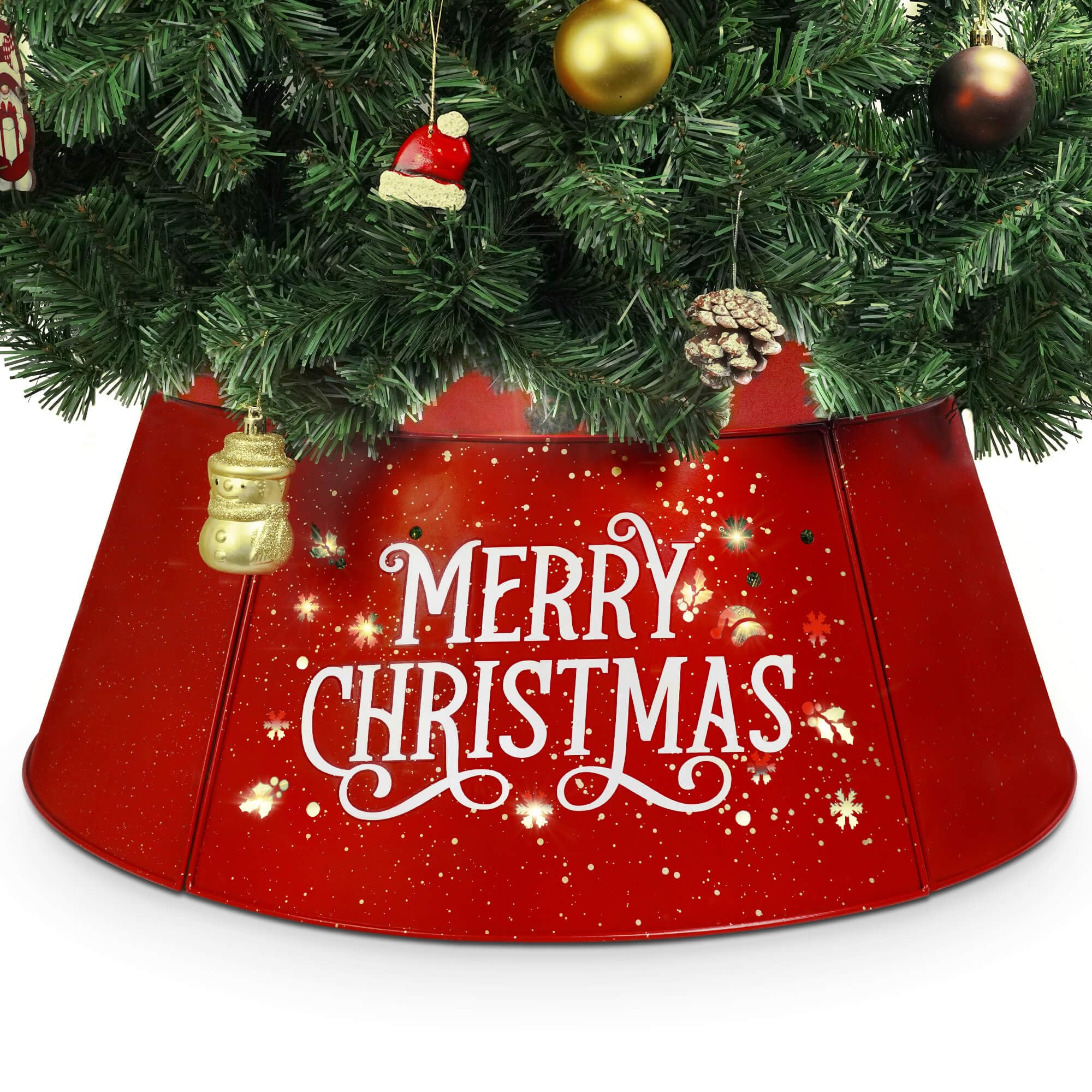 Photo 1 of ***used**Putuo Decor 27in Metal Christmas Tree Collar Red, Adjustable Shiny Christmas Themed Tree Stand Cover for 6-7.5 Ft Tree, Farmhouse Christmas Ornaments for Pencil | Artificial | Live Trees