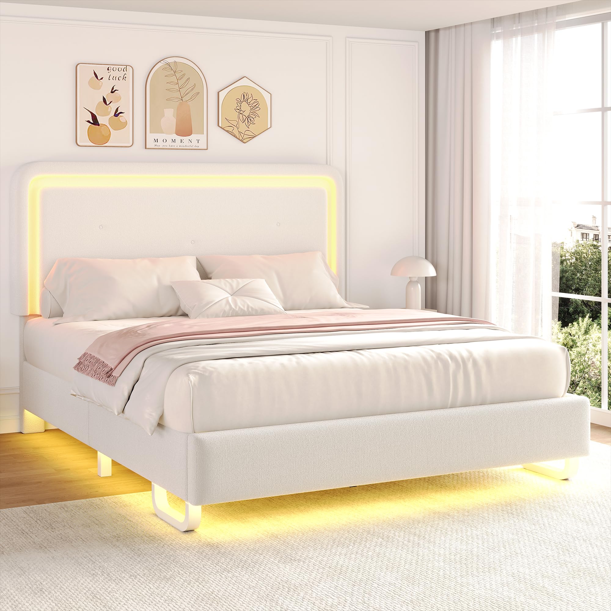 Photo 1 of Full Size Upholstered Bed Frame with LED Lights, Girls Bed with Adjustable Chic Double Headboard, Boucle Princess Platform Bed for Girls, Solid Wood Slats Support, No Box Spring Needed, Beige