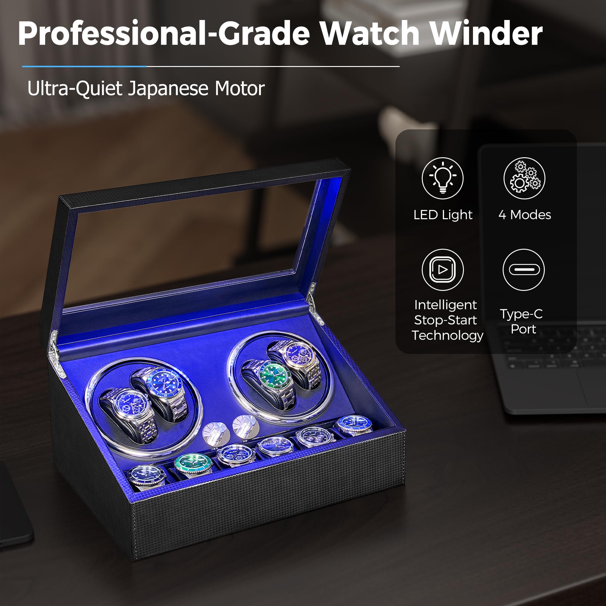 ANWBROAD ANWBROAD Watch Winder for Automatic Watches 4 Watch Rotator and 6 Extra Storages with Super Quiet Motor and LED Backlight Turner Carbon Fiber Shaker 5 Rotating Modes USB UJWW002F