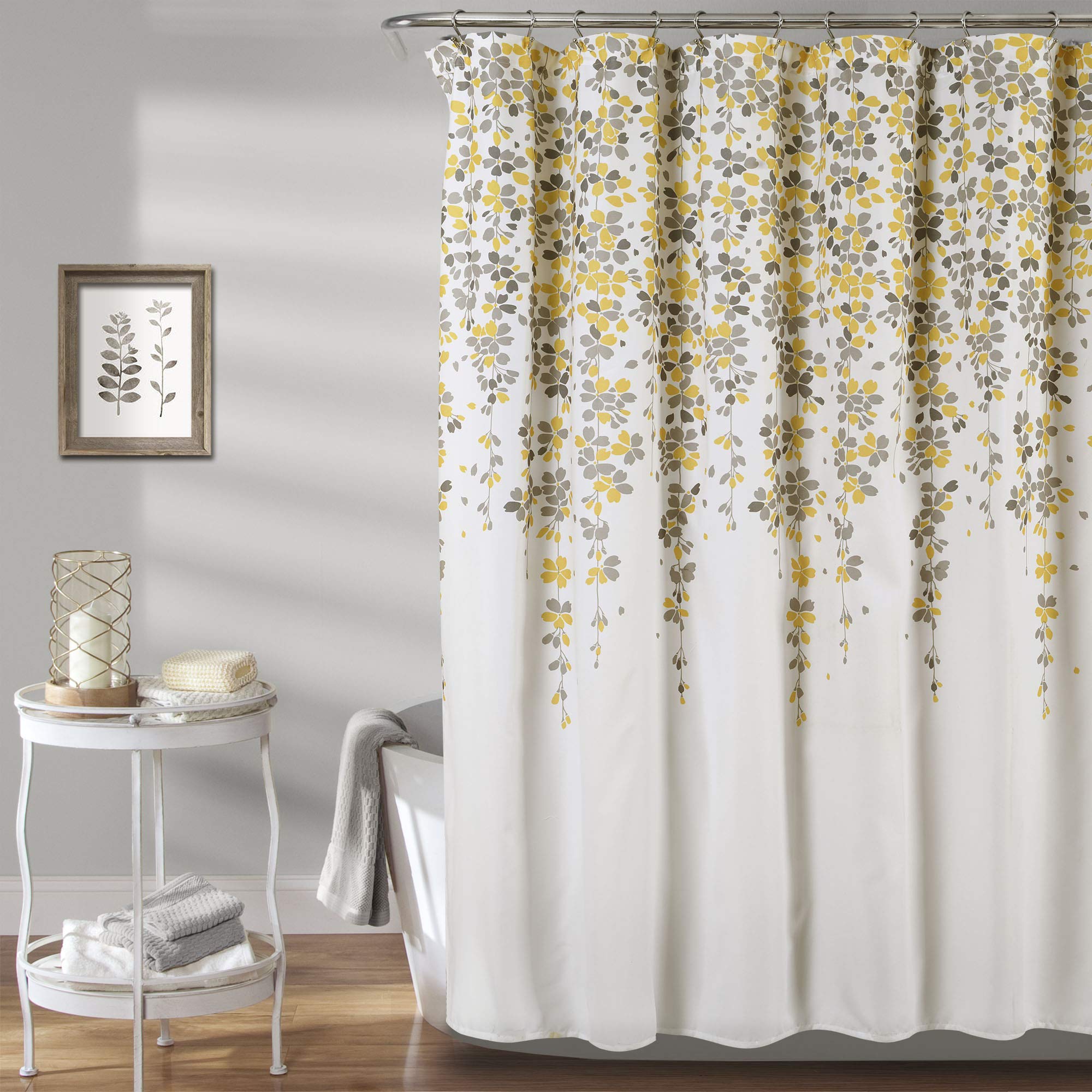 Lush Decor Weeping Flower Shower Curtain, 72” x 72”, Yellow & Gray