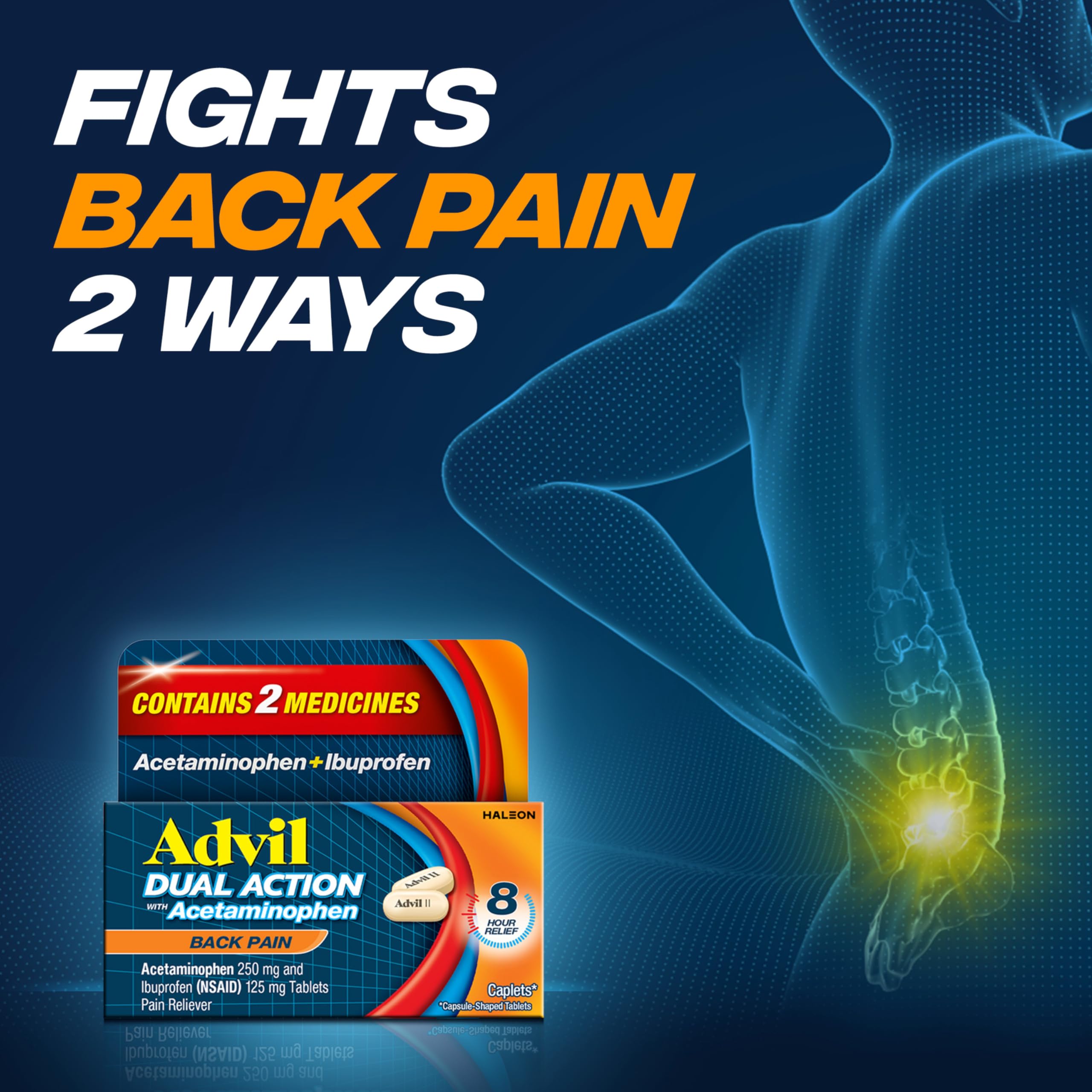 Advil Dual Action Back Pain Caplets Delivers 125mg Ibuprofen and 250mg Acetaminophen Per Dose for 8 Hours of Back Pain Relief - 144 Count