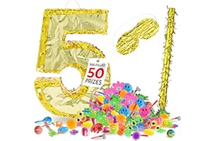 HOMEIFY Gold Foil Number 5 Pinata for Birthday Party for Girls & Boys with Gold Blindfold and Stick, Prefilled with Assorted Pinata Stuffers, 5th Birthday Party Decorations