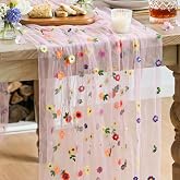 Artoid Mode Pink Embroidery Daisy Gauze Table Runner 120 Inch 10FT | Seasonal Sheer Kitchen Dining Holiday Wedding Birthday Table Decor for Home Party