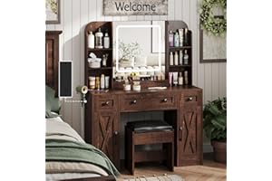 BonVache Makeup Vanity Desk, Vanity Mirror with Lights Desk and Chair,Makeup Table with 3 Large Drawers and 2 Cabinets, Time 