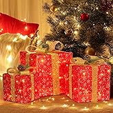 Set of 3 Christmas Lighted Gift Boxes, 60 LED Christmas Box Decorations, Presents Boxes with Ribbon Bows Christma Ornaments for Xmas Tree, Yard, Home, Indoor Outdoor Holiday Decor