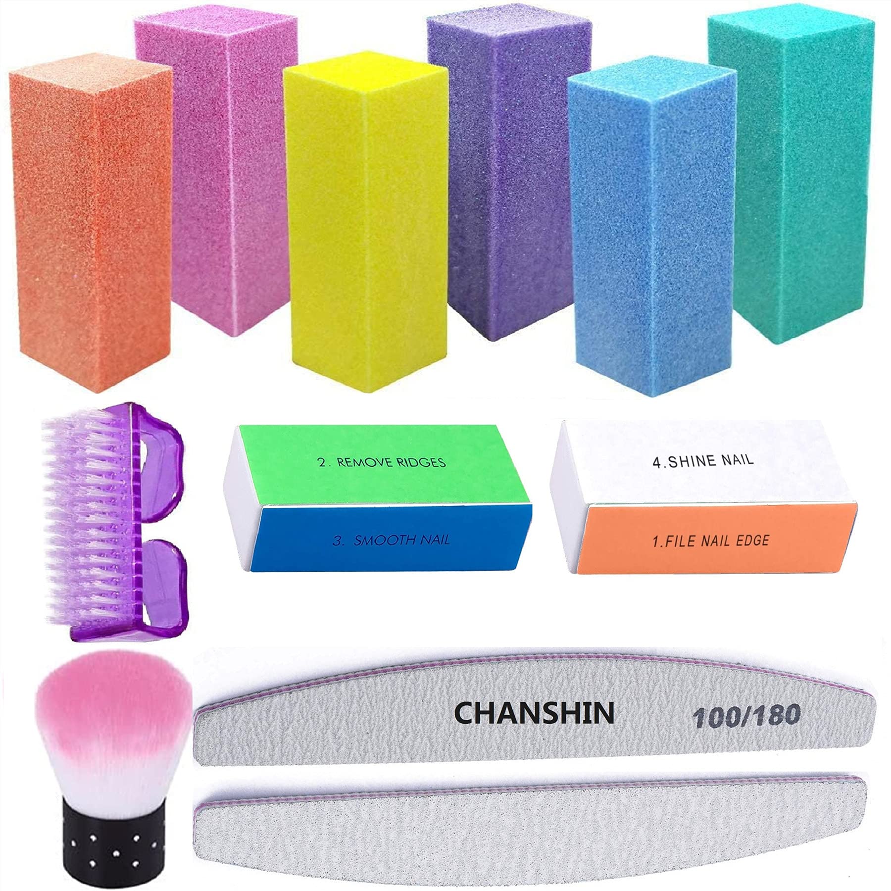 CHANSHIN Nail Buffer Block,Nail Polishing Block,Professional Salon 120 Grit Nail Buffer Block for Gel Nails,4 Sided Way Nail Salon Polishing,100/180Nail Files,Nail brushs (Multi-Colored)