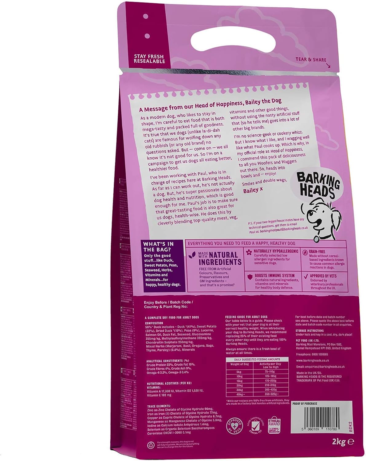 Barking Heads Complete Dry Dog Food 2kg, Adult All Hounder Fuss Pot Duck - Image 3