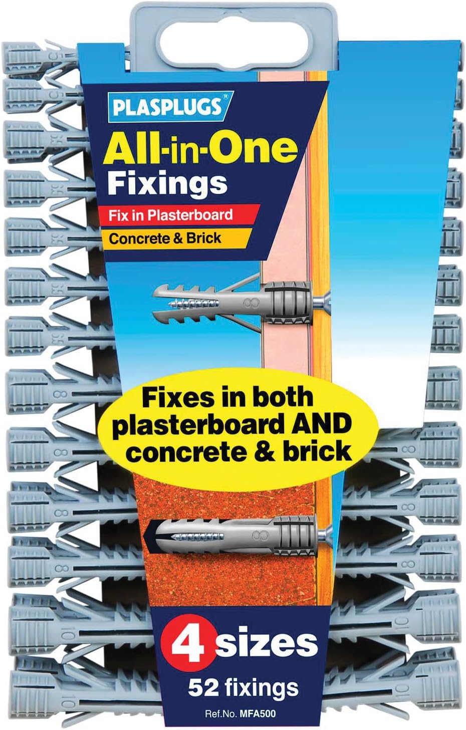 PLASPLUGS MFA500 All-in-One Multi-Purpose Wall Plugs Solid Plasterboard 52 Pk
