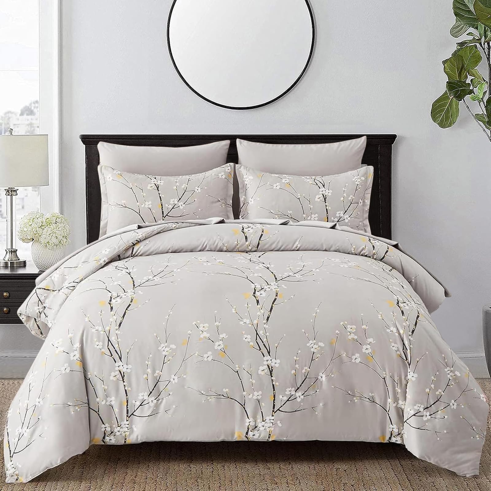 Double Size Grey Plum Flower Printed Duvet Cover Set bedding Set 3 pcs Soft Microfiber Botanical Branch Duvet Cover with 2 Pillowcases and Zipper Closure 200 x 200cm