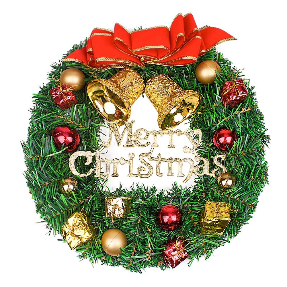 14.57’ inch Christmas Wreaths Simulation Rattan Flower Door Wreath Wall Ornament with “Merry Christmas” Letter and Ball Bells, Christmas Decoration for Your Front Door or Indoor Wall Decor