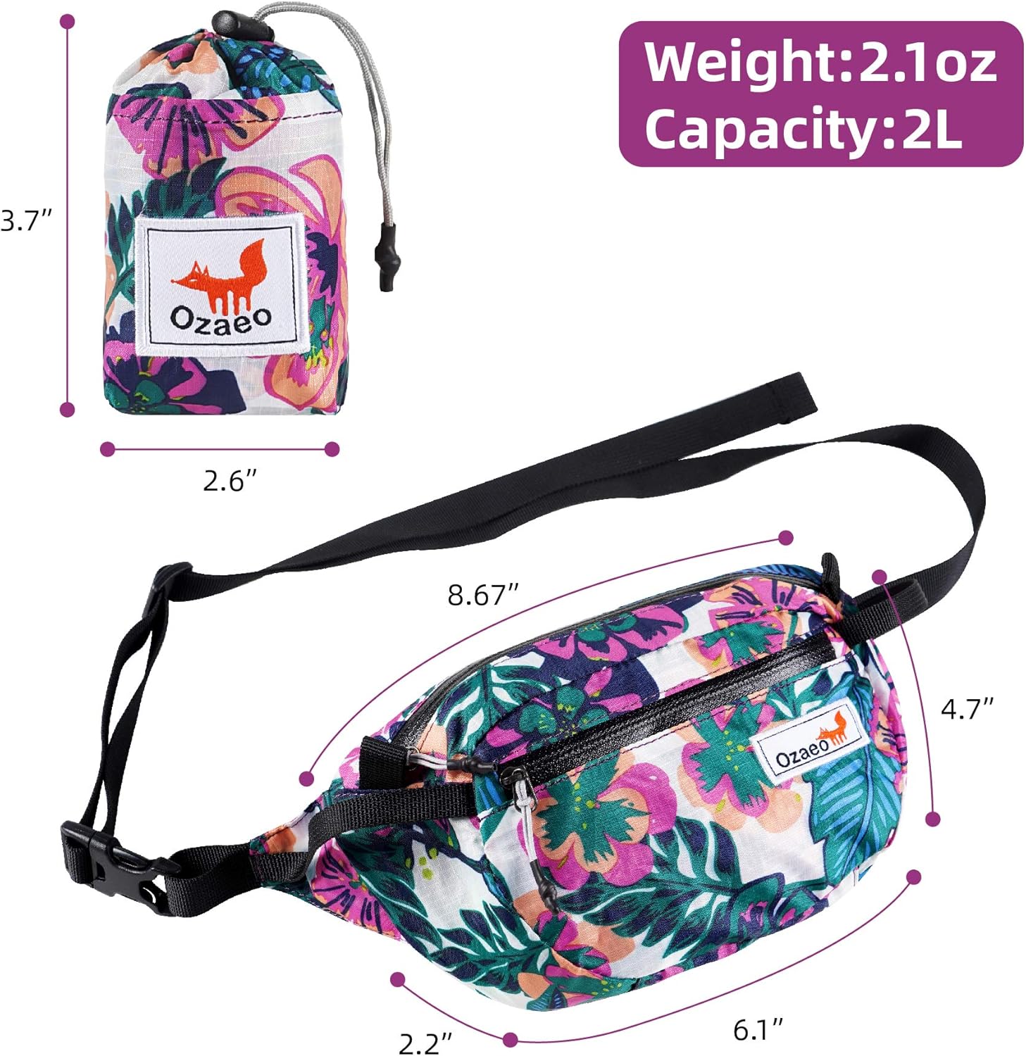 Ozaeo Travel Waist Bag, Water Resistant, Lightweight, Hiking Fanny Pack with 3-Zipper Pockets and Adjustable Strap Flower Colorful