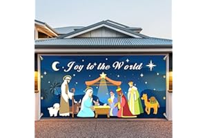BEAUTE ELITE 7x16ft Christmas Garage Door Cover, 2024 Garage Door Christmas Decorations, Double Christmas Garage Door Decorations, Outdoor Christmas Garage Door Banner (Nativity Blue)