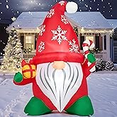 JOIEDOMI 6 FT Tall Christmas Inflatables Outdoor Decoration, Blow Up Gnome with Gift & Candy Cane, Christmas Yard Inflatables Gnome Outdoor Decor with LED for Xmas Decor Outside