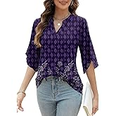 LUYAA Women's 3/4 Sleeve Blouses Tops V Neck Casual Dressy Double Layers Mesh Loose Fit Tunic Shirts