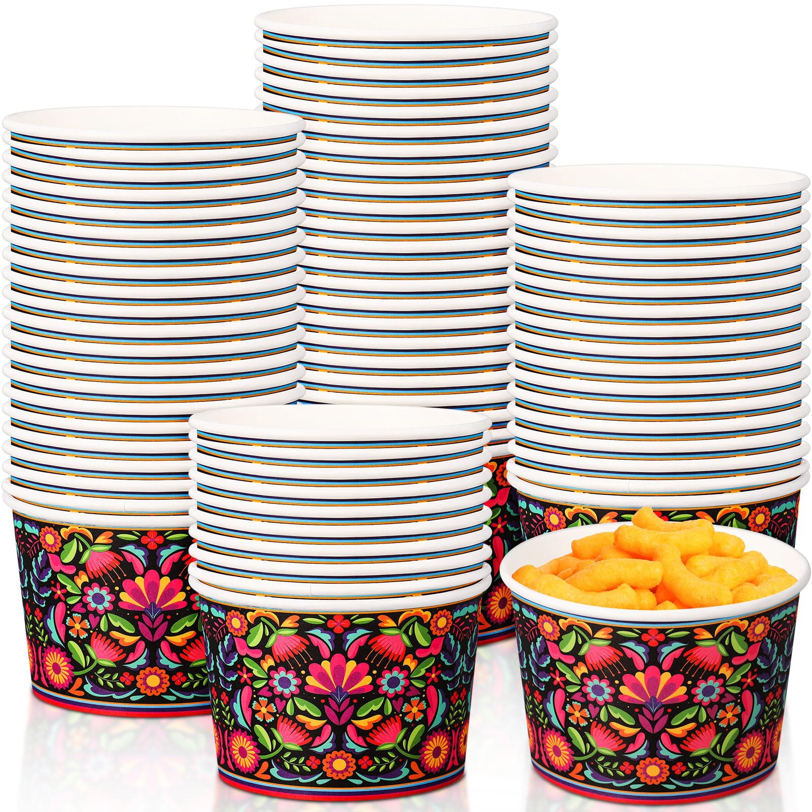 Photo 1 of 50 Pack 9 oz Fiesta Paper Bowls Mexican Day of the Dead Paper Cups Dia De Los Muertos Flower Disposable Soup Bowls Snack Cups Plates Cinco De Mayo Party Supplies for Taco Dessert Hot or Cold Food