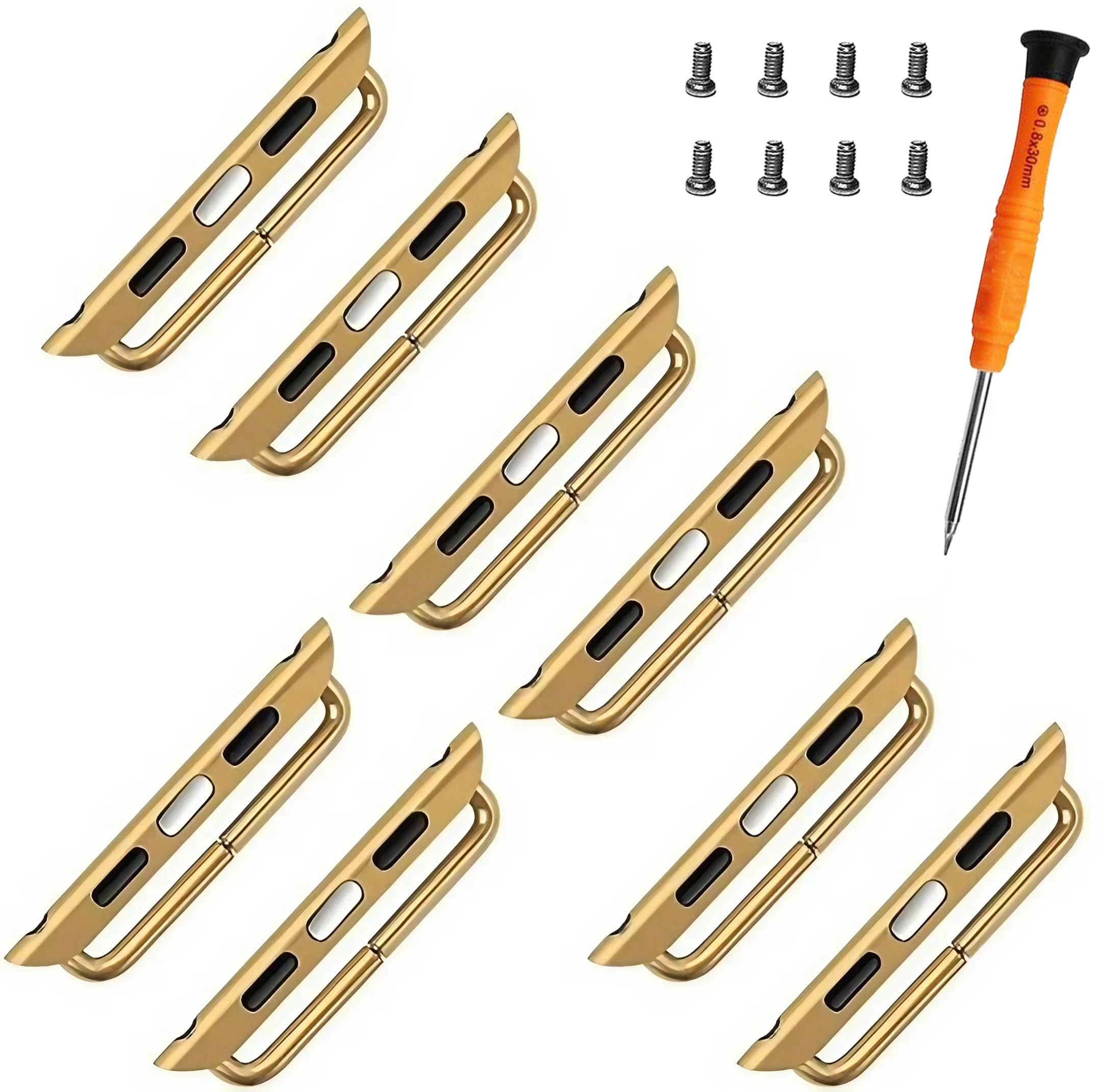 Watch Strap Connector Stainless Steel Adapter Replaceable Metal Connection Compatible for Apple Watch Band 42mm 44mm 45mm 46mm 49mm(Gold-4 Pair)