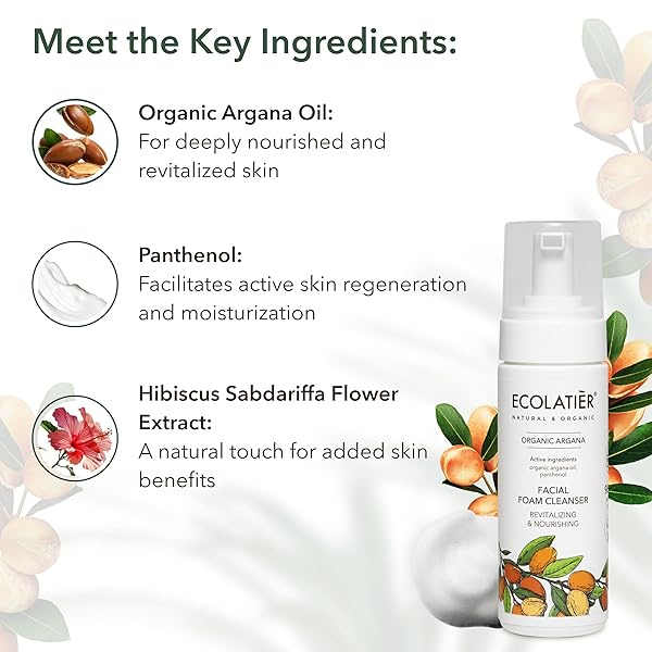 FOAMING FACIAL CLEANSER WITH ORGANIC ARGAN OIL – 98.6% NATURAL, VEGAN, REVITALIZING & NOURISHING ORGANIC ARGANA, ANTI-AGING, REMOVES IMPURITIES, 5.1 FL OZ – ECOLATIER