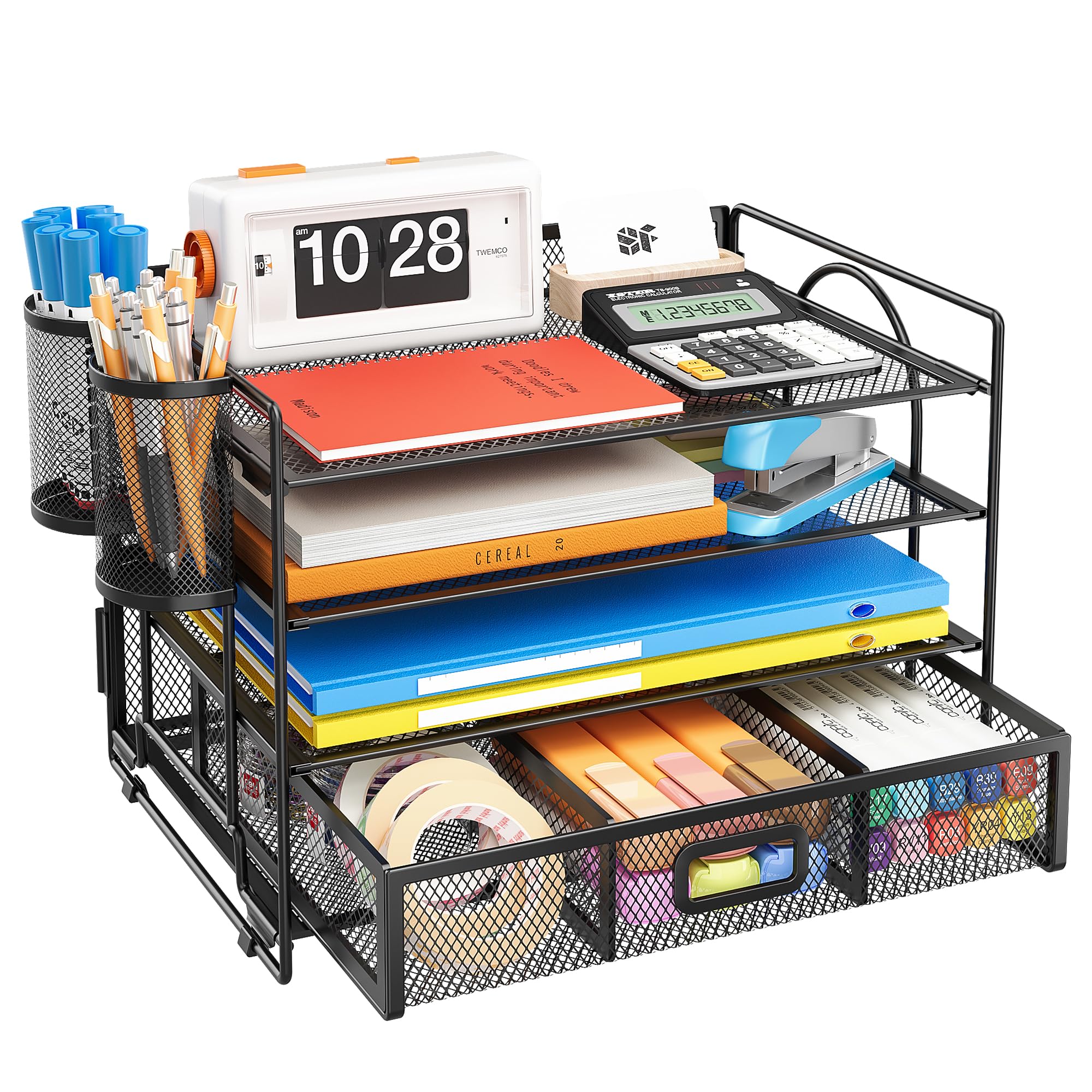 VITVITI Desk Organiser Tray, 4 Tier Letter Paper Tray Organiser with 2 Pen Holders, Desktop Organizer with Drawer for Staionary Accessories, Magazine, Home, School, Office - Black with Drawer