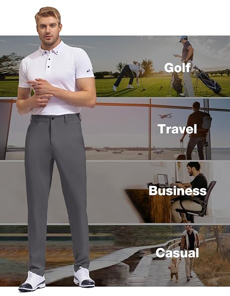 SPECIALMAGIC GOLF PANTS MEN STRETCH SLIM FIT HIKING PANTS LIGHTWEIGHT DRESS CASUAL TAPERED 2 BACK ZIPPER POCKETS,GREY 30W30L