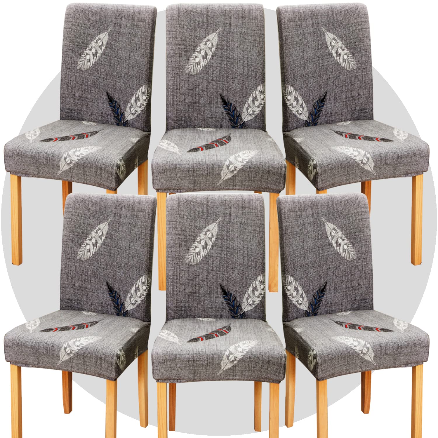TOMMO Dining Room Chair Covers Set of 6, Stretch Removable Washable Spandex Dining Chair Slipcovers Protectors, Kitchen Chair Covers for Dining Room Party Hotel Ceremony Banquet (Gray feathers)