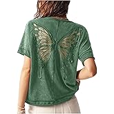 Milumia Women's Butterfly Cut Out Back T-Shirt Short Sleeve Vintage Loose Tee Tops Streetwear