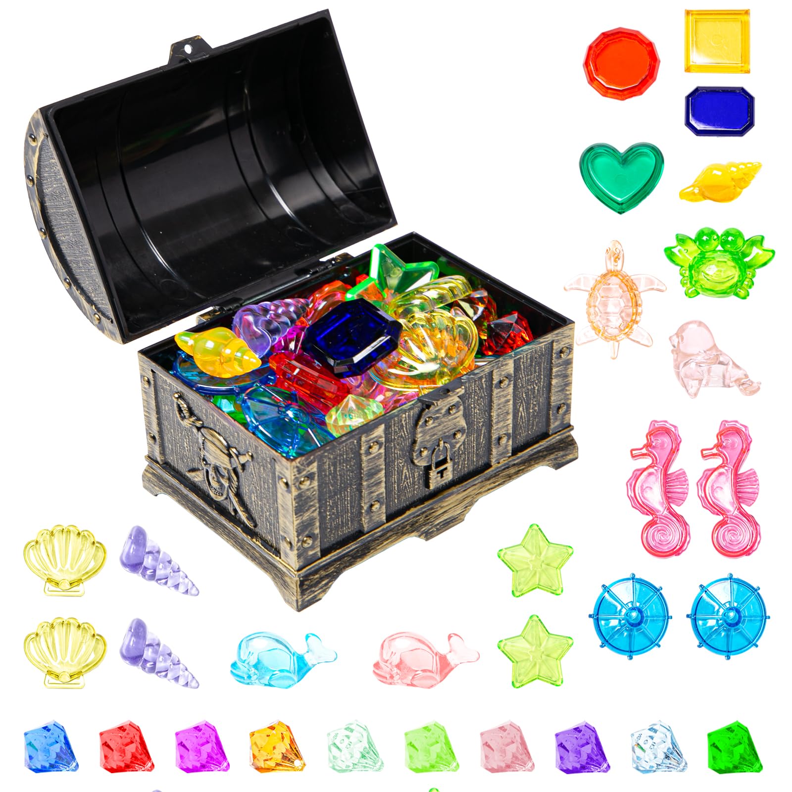 Neikafan Diving Toys Gems,30PCS Colorful Diamond and Plastic Gems Set with Pirate Treasure Chest Box Diving Toys for Swimming Pool for Boys and Girls Underwater Gemstone Swimming Training Gift Toy