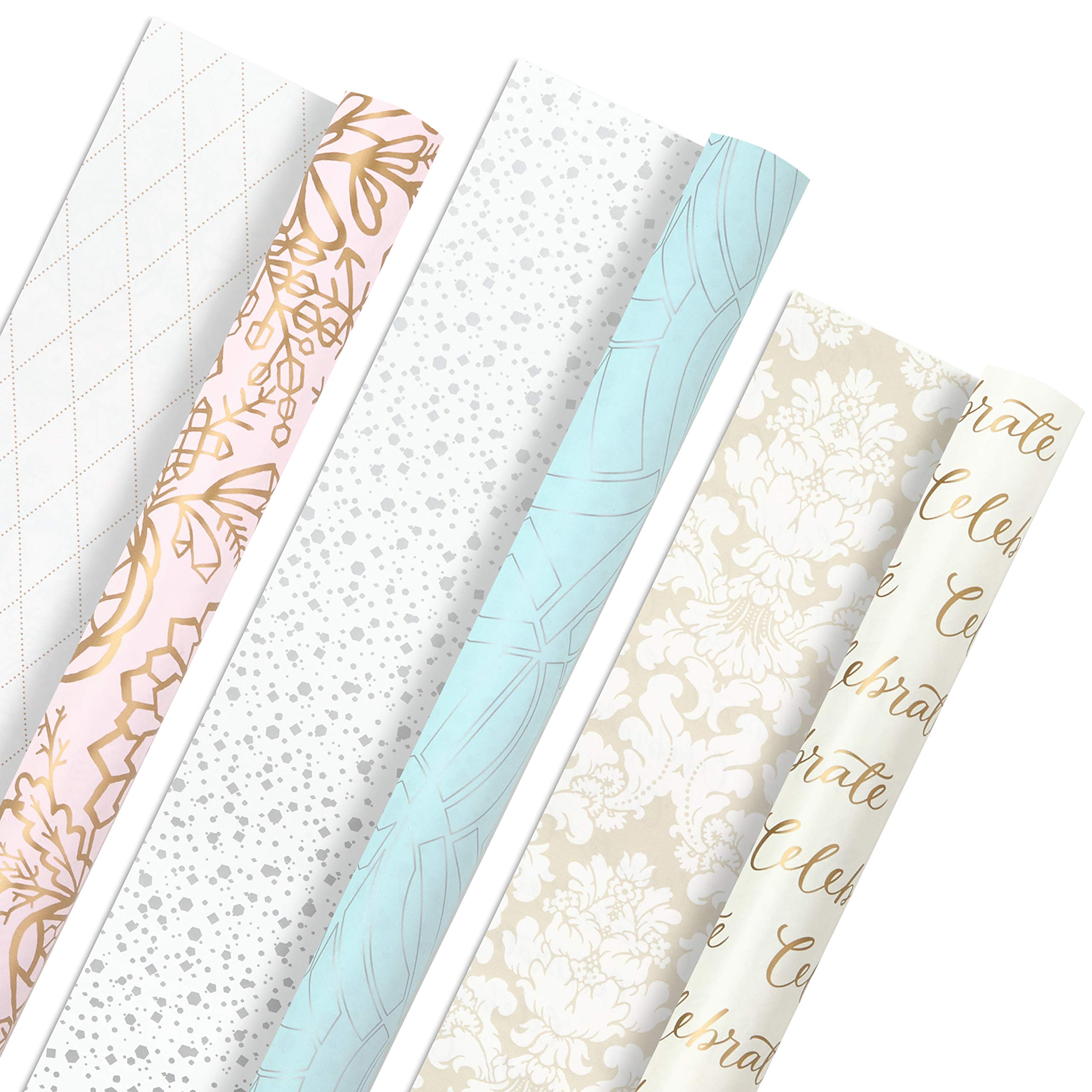 Hallmark All Occasion Reversible Wrapping Paper Bundle - Pastel & Metallic Celebrate (3-Pack: 75 sq. ft. TTL.) for Weddings, Birthdays, Baby Showers, Bridal Showers, Mothers Day or Any Occasion